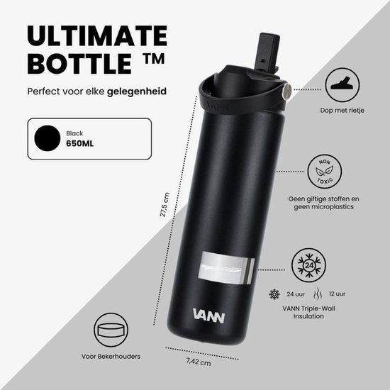 VANN® 3-Wandige RVS Drinkfles 650 ML met rietje voor volwassenen – Met 5 accessoires – Thermosfles – 24 uur koud/12 uur warm – Satin Noir – VANN Ultimate Bottle®
