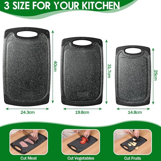 Set de Planches à découper Royalty Line ® CB3PCB - 25/31/40 cm - Antidérapantes - Poignée ergonomique - Planches de cuisine - Passe au lave-vaisselle - Plastique - Avec zone de broyage pour broyer l'ail et le gingembre - Zwart