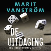 Boekomslag 'De Uitdaging' door Marit Vanströöm, met dobbelstenen die in de lucht zweven.