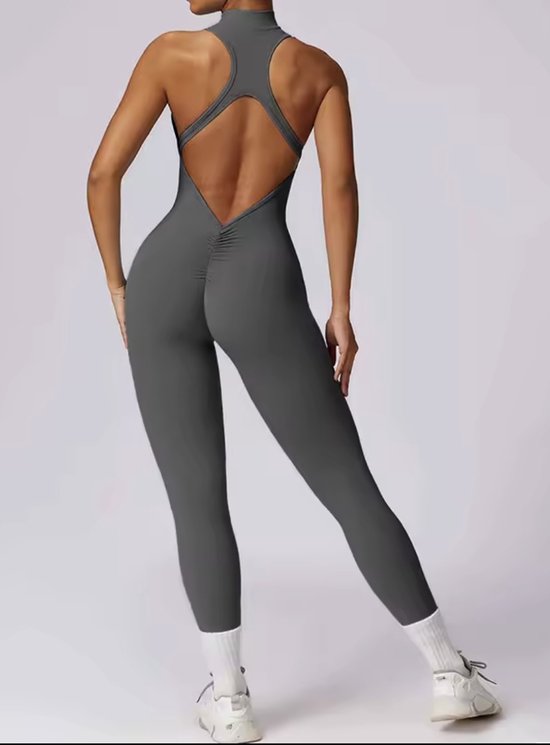 Allure Gym Jumpsuit - Maat S - Grijs - Dames Jumpsuit - Open Rug - Charcoal Grey - Donkergrijs - Seamless Sport Jumpsuit Dames — afbeelding 2