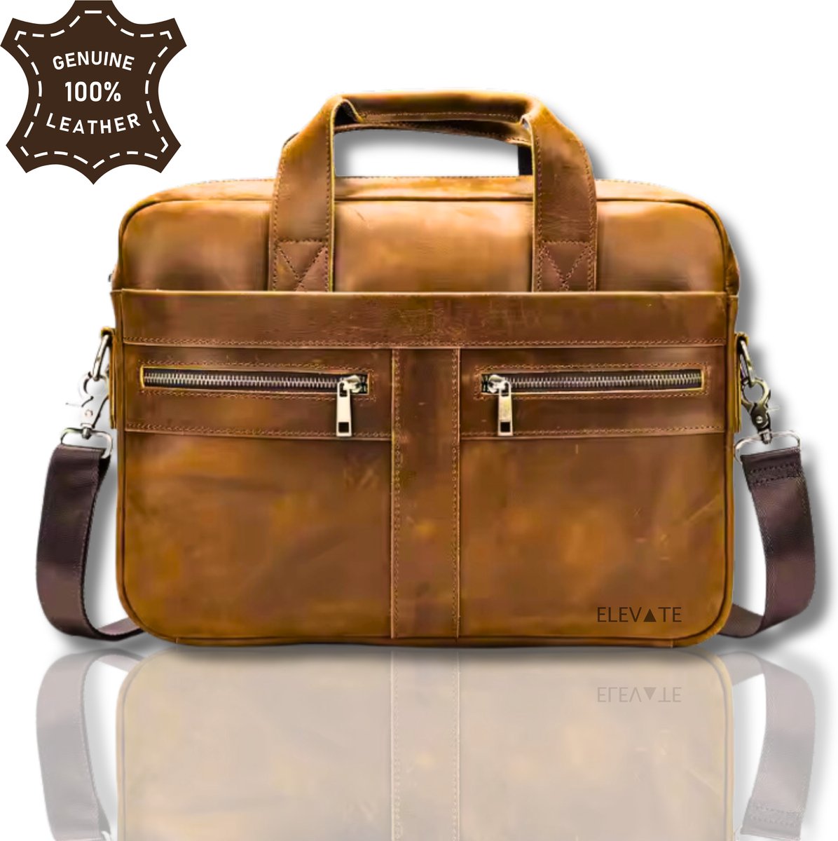 ELEVATE® Luxe Leren Laptoptas – 100% Echt Leer – 14 inch Laptop – Business Tas Heren – Vintage Full-Grain Leer – Schoudertas – Bruin – Werktas