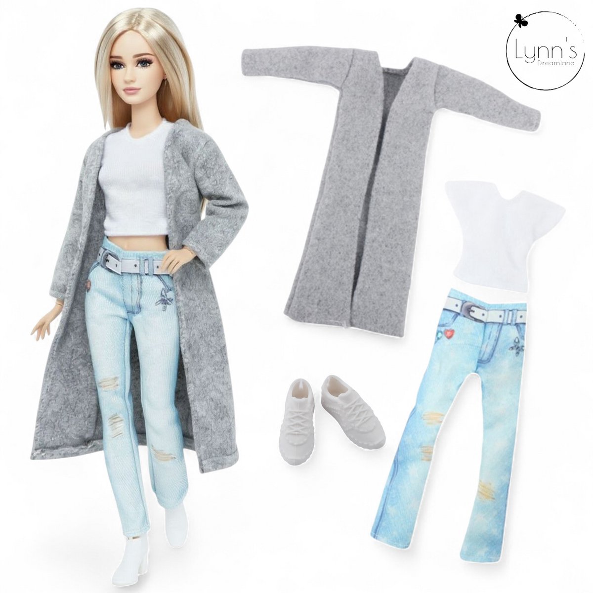 Lynn’s poppenkleertjes - Set ‘Zoë’ - Geschikt voor modepop - Set van 3 complete outfits - Inclusief schoenen en tas - Kledingset voor modepoppen - Cadeauzakje — afbeelding 4