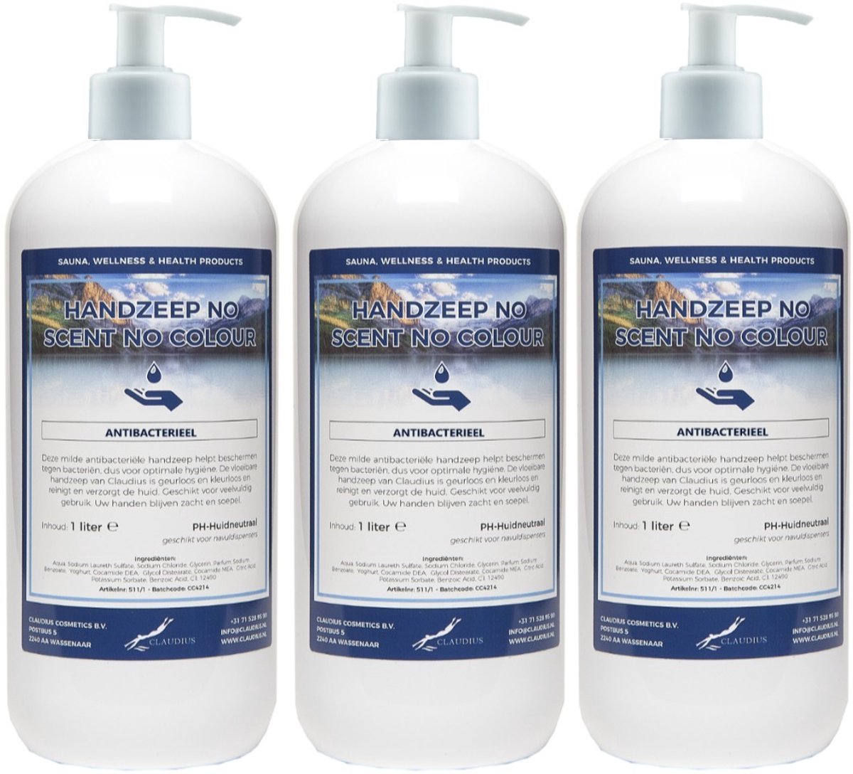 Handzeep No Scent No Colour 1 liter - set van 3 stuks - met gratis pomp - Voordeelverpakking