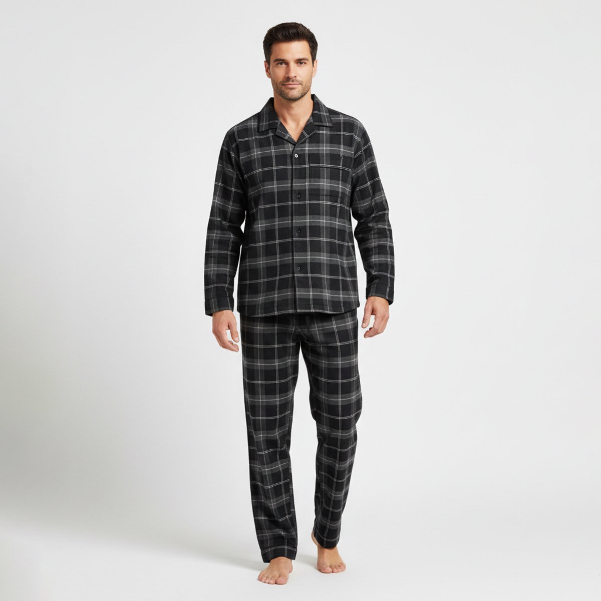 La-V Flanel pyjamaset voor heren met geruit patroon Zwart L