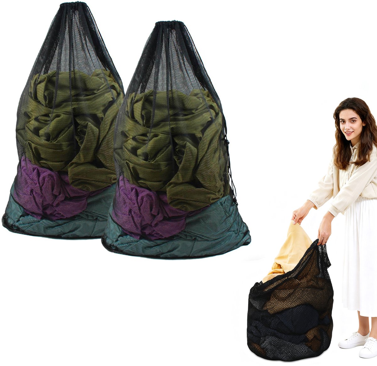 2 stuks waszakken van mesh met trekkoord en handvatten - 50×60cm waszakken van mesh - Duurzame tassen voor delicate kleding - Stevige waszakken van mesh - Geschikt voor wasmachines, reizen, kleding, speelgoedopslag