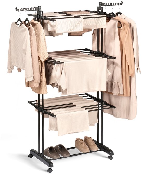 Etendoir Sur Pied Métal Zwart Vertical Sur Roues 125x170 cm - Tour de Séchage - Wasrek - Cintre de Lavage