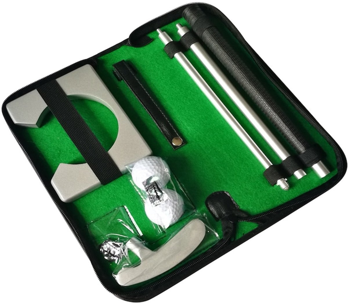 Golf putting oefenset, inclusief leren tas, driedelige combinatiehengel, puttingkop, bal en doel
