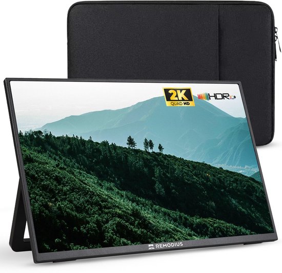 Remodius® Draagbare Monitor 13 Inch + Sleeve – Ultradunne 2K Portable Monitor – USB-C & Mini HDMI – IPS Scherm, HDR, Ingebouwde Kickstand – Reisdisplaybundel voor Laptop, Mac, Smartphone & Console