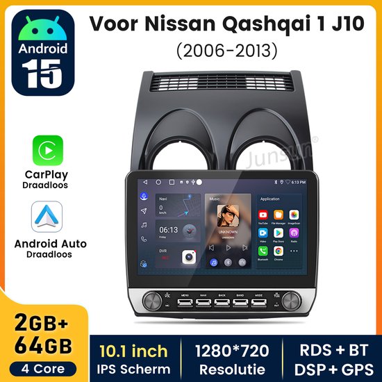 Hexinex Android 15 autoradio Geschikt voor Nissan Qashqai J10 (2006-2013) - Draadloos CarPlay, Android Auto, 10,1-inch scherm, multimediaspeler, Fysieke knoppen, 2GB+64GB