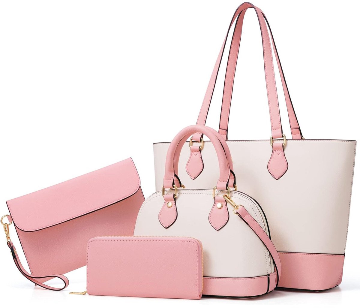 REDOM Dames Handtas Set – 4-in-1 Dames Handtas / Schoudertas / Shopper / Crossbody Tas – Ruim Interieur met Meerdere Vakken – Stijlvolle Elegante Handtas voor Dagelijks Gebruik – PU Leer – Roze/Wit