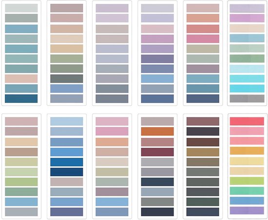 Twaalf rijen transparante index tabs in diverse pastelkleuren.
