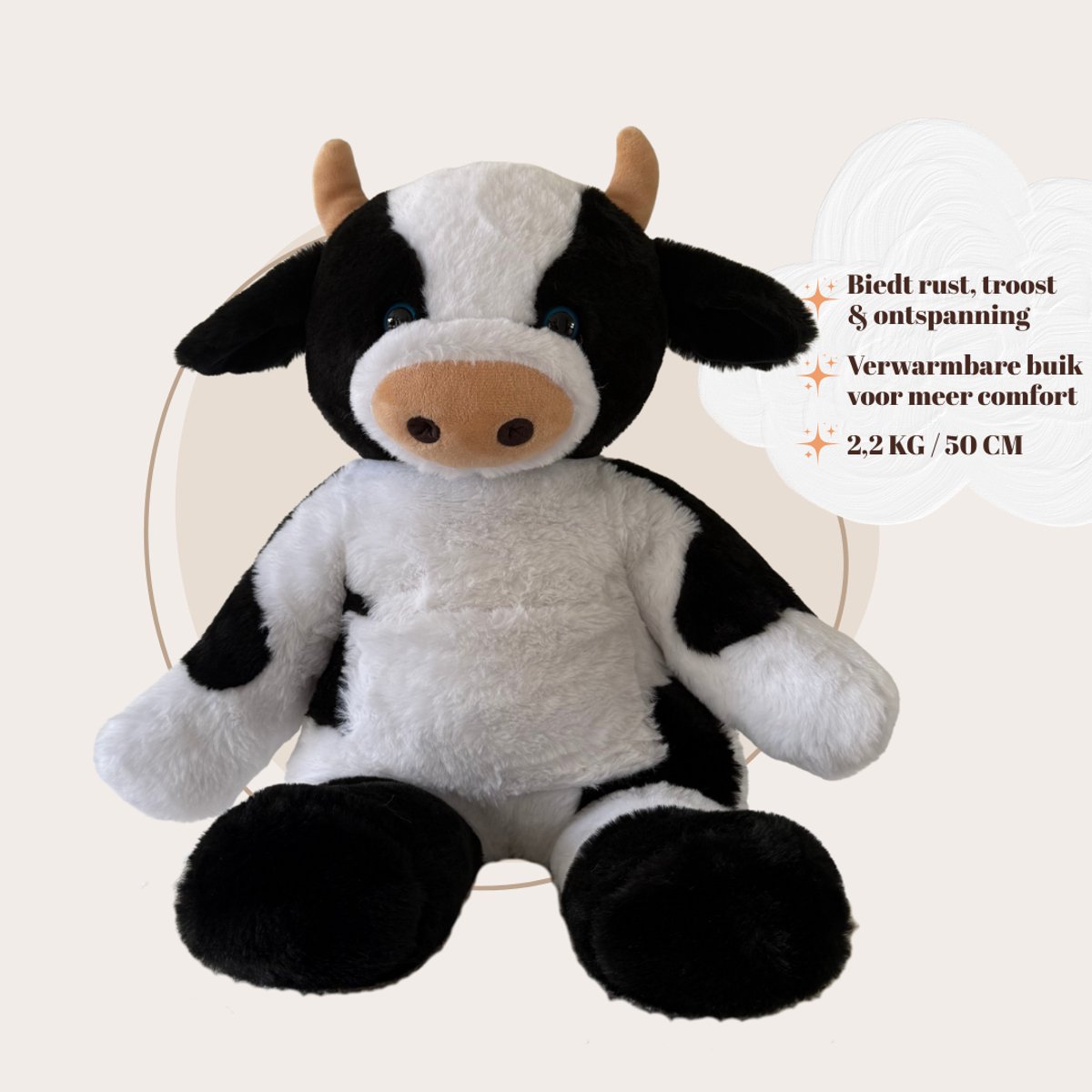 Troostmaatje Verzwaringsknuffel Koe - 2,2 kg / 50 cm - Voor Volwassenen en Kinderen - Sensorisch Speelgoed - Verwarmbare Knuffel Koe - Antistress - Inclusief Verwarmbaar Pittenzakje 14x9 cm