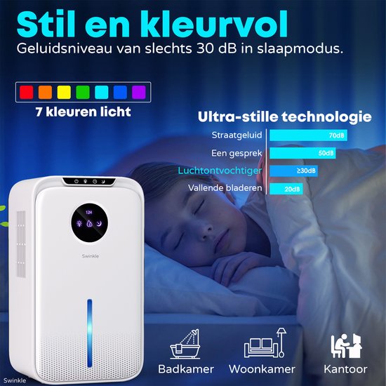 Witte luchtonvochtiger met 7-kleuren LED-verlichting, naast een slapend kind.
