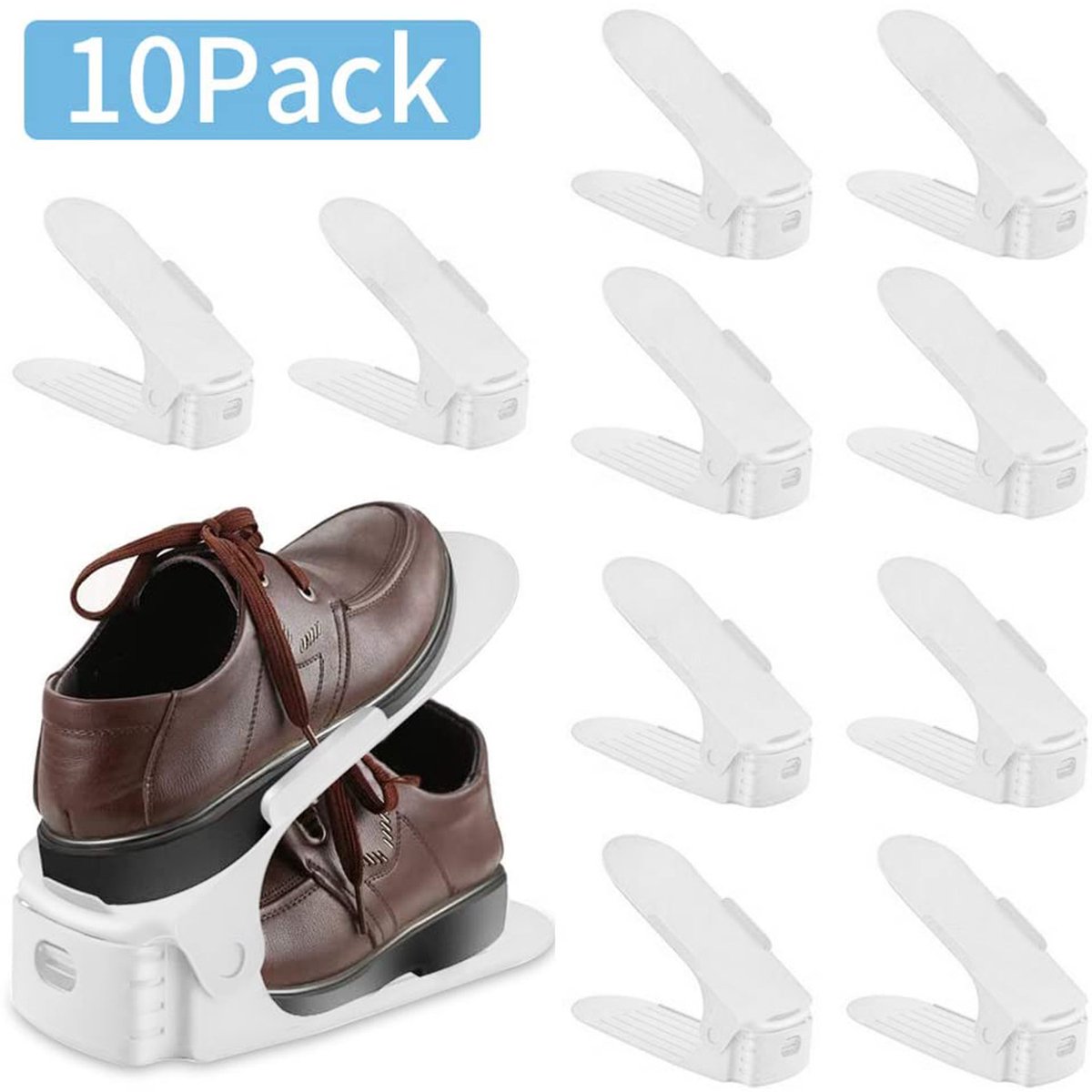 Froadp 10 stuks verstelbare schoenenrek set schoenenstapelaar schoenenhouder antislip schoenenorganizer 3 in hoogte verstelbaar, kunststof-wit (10 stuks wit)