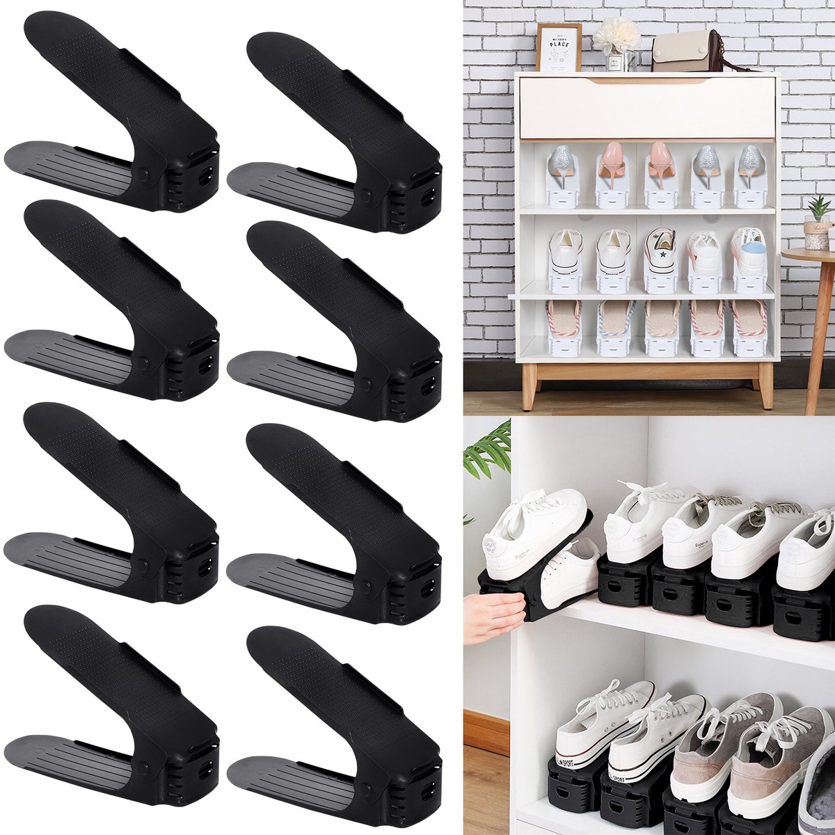 Froadp 20 stuks verstelbare schoenenrek set schoenenstapelaar schoenenhouder antislip schoenenorganizer 3 in hoogte verstelbaar, kunststof zwart