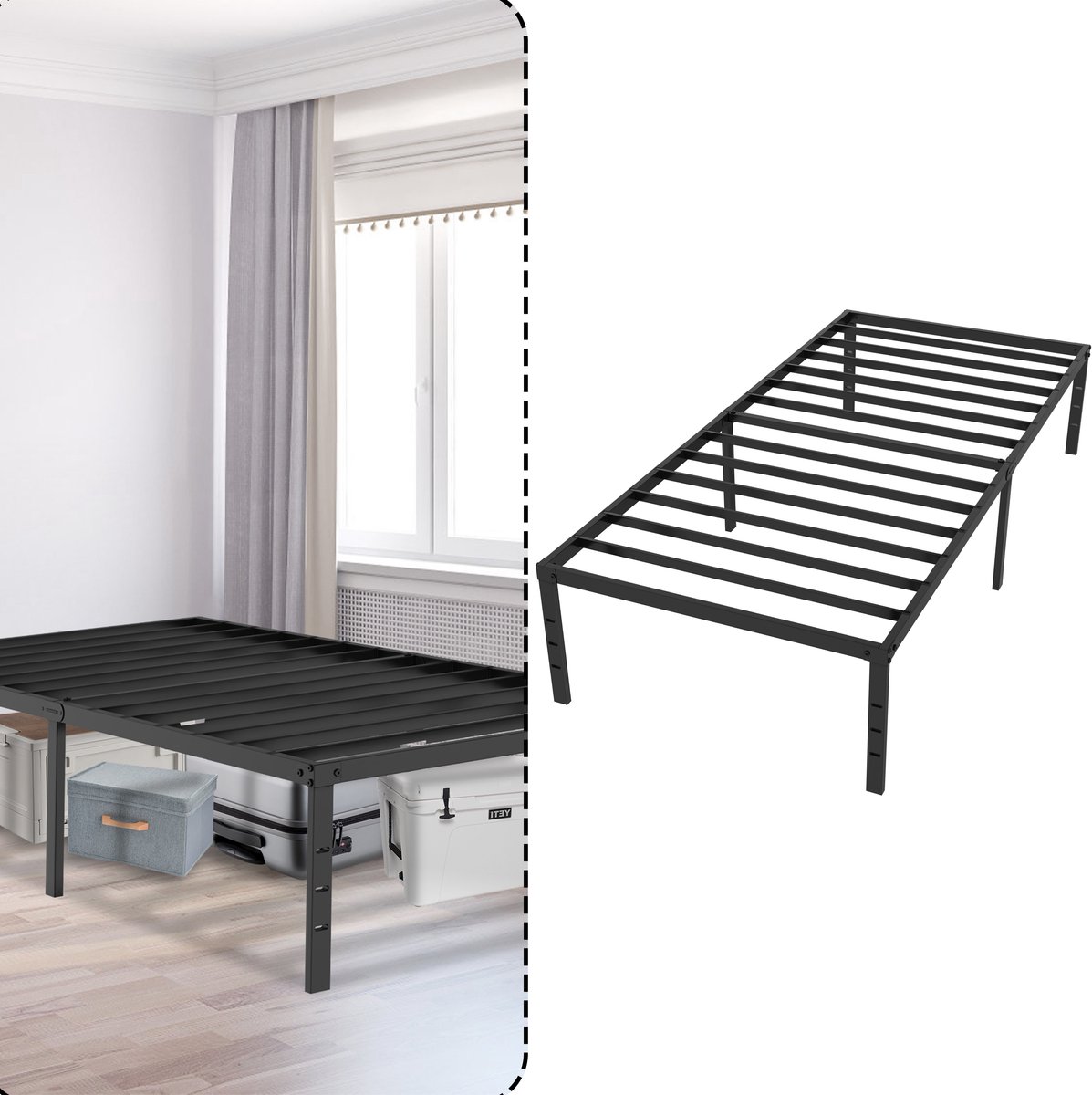 Aufun Metalen Bedframe 90x200 CM Zonder Hoofdbord - Stalen Bedgestel - Eenpersoonsbed - Geschikt Voor Slaapkamer En Logeerkamer - Zwart
