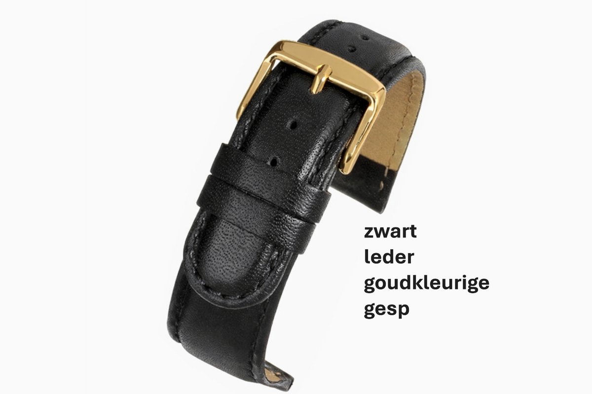 horlogeband-horlogebandje-20mm-echt leer-ZWART-zwart-gevuld-glad-zacht-soepel-goudkleurige gesp-20 mm