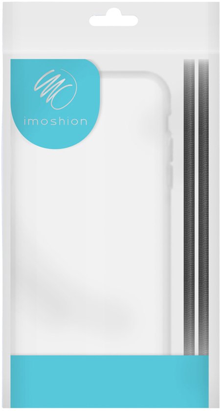 Witte verpakking van 'imoshion' met een transparante telefoonhoes en een donker koord zichtbaar.