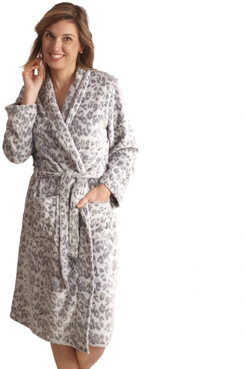Cocodream dames badjas fleece - Panter - Warme winter ochtendjas - S - Grijs