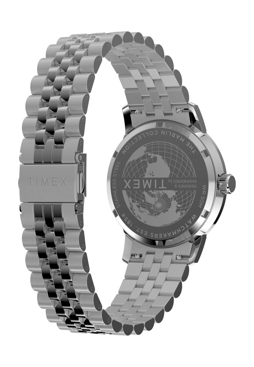 Timex Marlin Quartz Gmt Quartz Analoog Horloge Zilverkleurig En Blauw Kast Gemaakt Van 100% Roestvrij Staal En Een Armband Van 100% Roestvrij Staal 40 TW2Y47600AJ, TW2Y47700AJ