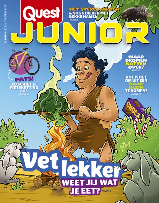 Omslag Quest Junior met holbewoner die een stronk broccoli kookt boven een vuur, konijnen, fiets en chocoladereep.