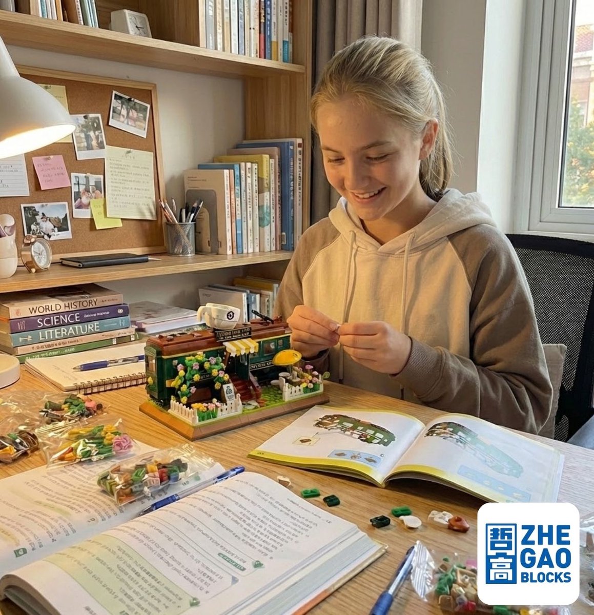 Zhe Gao DZ6002 Classic Trein Café bouwset incl. 4 minifigures | City & friends adventure Modelbouw | Educatief Creator speelgoed bouwpakketten voor kinderen & volwassenen | Bloemen foodtruck niet compatibel met lego | Bouwdoos met 1081 bouwstenen — afbeelding 6