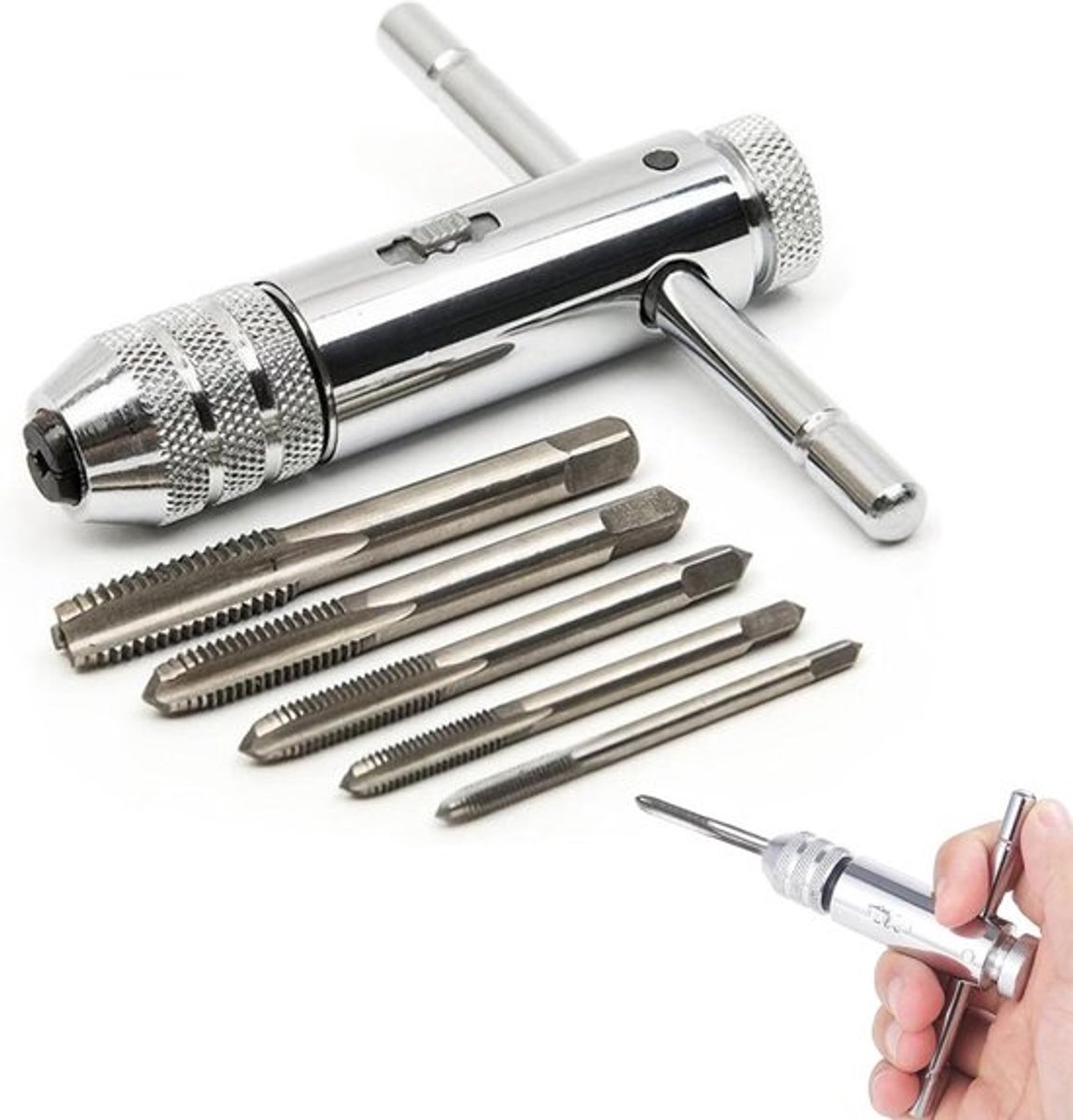 Schroefdraadborenset M3 M4 M5 M6 M8 Hss T-greep ratel - Draadtappen Windijzer - Draadsnijder Houdersleutel Gereedschapshouder met Omschakel-ratelkop - 6 stuks
