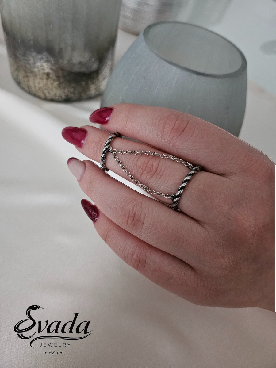 Dames ringenset, zilveren ringenset, ring met ketting, spiraalvormige ring, vintage sieraden dames, 925 sterling zilver, bohemian sieraden, statement ring, verstelbare ring