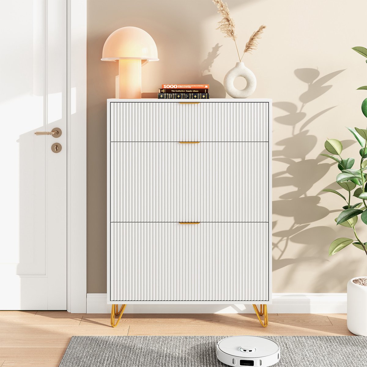 Smalle Schoenenkast met 3 Kleppen – Modern Schoenenrek voor 15 Paar Schoenen, Wit met Gouden Accenten