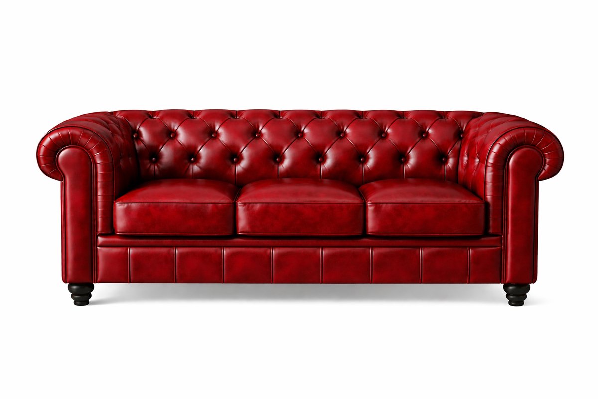 Chesterfield Bank - 3 Zits - Rood - Vintage - Leer - Sofa