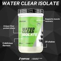 Witte fles water clear isolate perensmaak 600g met tekst "Supports muscle recovery" en "20 shakes".