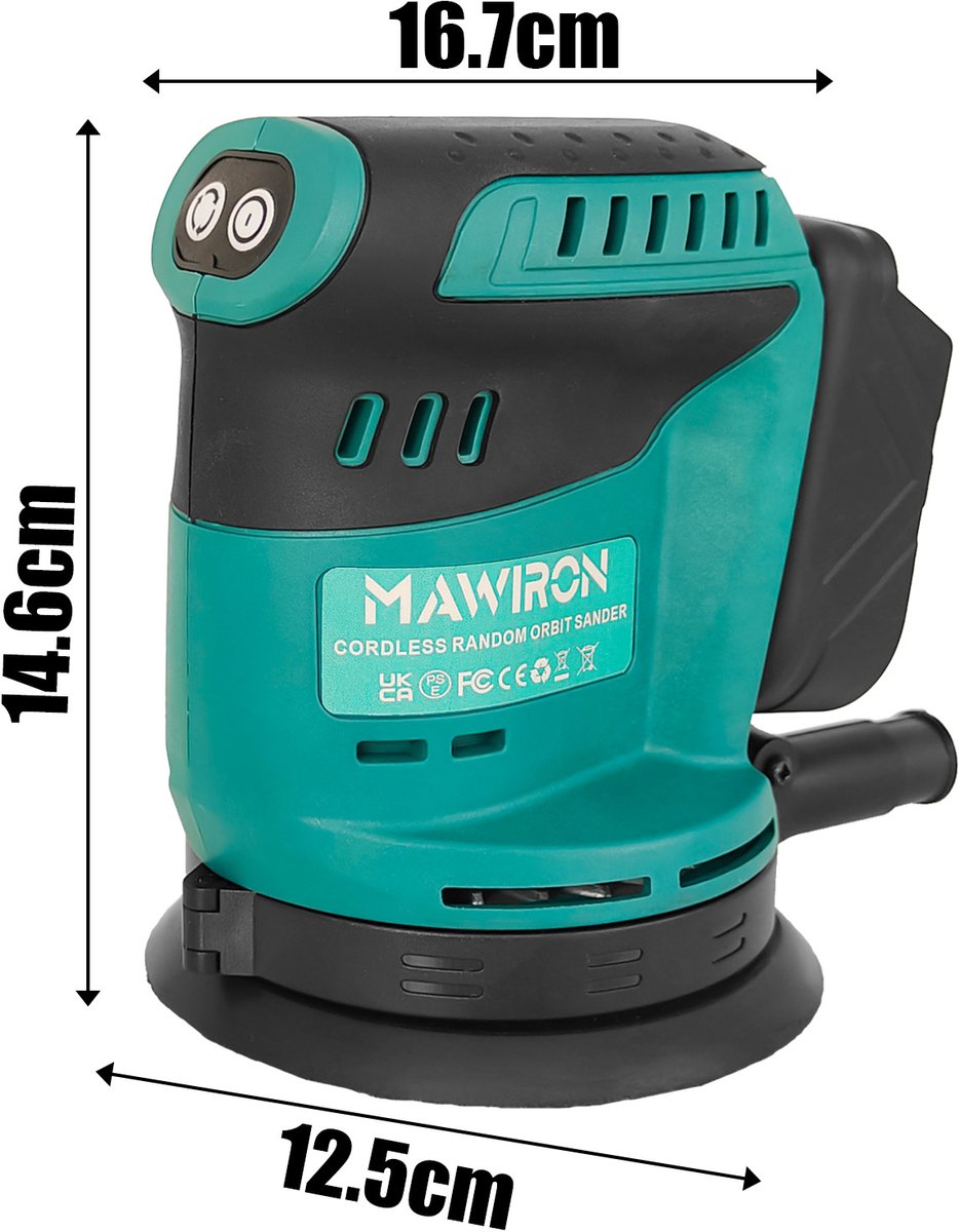 Børsteloze orbitale schuurmachine compatibel met Makita 18V-batterij, draadloze excentrische schuurmachine met 12 schuurbladen, 360° roterend schuren, voor het schuren en polijsten van metaal/hout (alleen gereedschap, zonder batterij). – foto 3