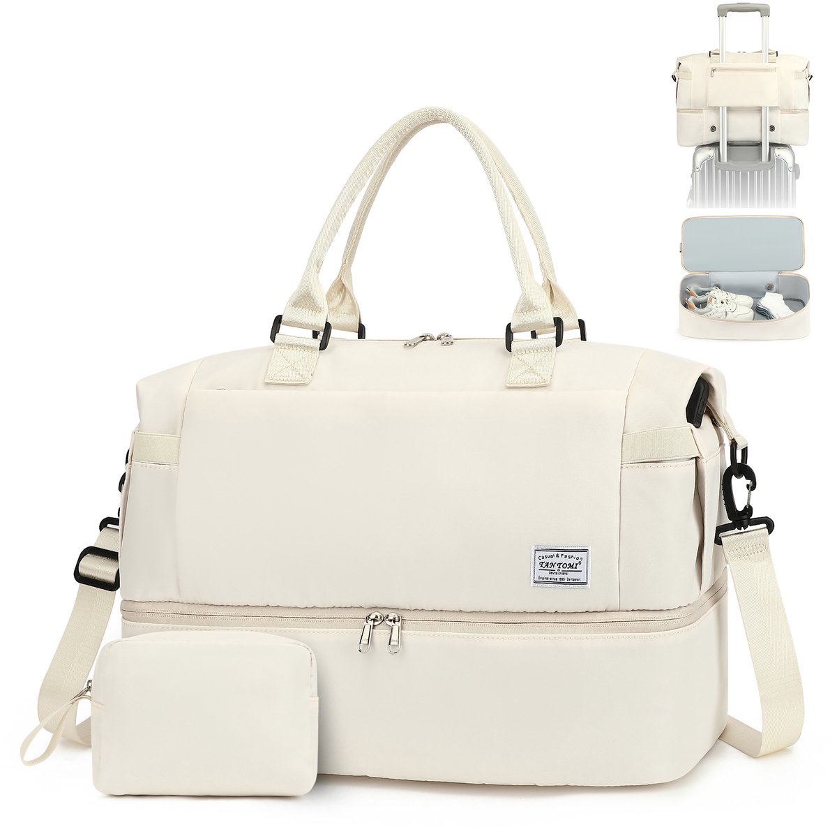 TAN.TOMI Reistas - Sporttas voor dames en heren - 47×22×36 cm -Met Smart -Sleeve voor op een Koffer - Handbagage Tas - Met Schoenenvak en Afneembare Schouderband - offwhite