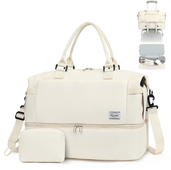 Sac de voyage TAN.TOMI - Sac de sport pour femmes et hommes - 47×22×36 cm - Met Smart-Sleeve pour sur une valise - Sac de bagage à main - Avec compartiment à chaussures et sangle d'épaule amovible - offwhite