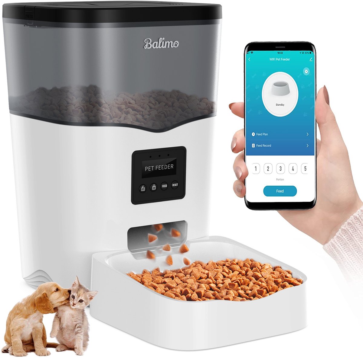 Balimo Automatische Voerbak voor Kat of Hond - Met App- Wifi Model - Voerdispenser - 3L - Voerautomaat - Smartphone Besturing - Droogvoer - Nauwkeurige Portiecontrole - Wit