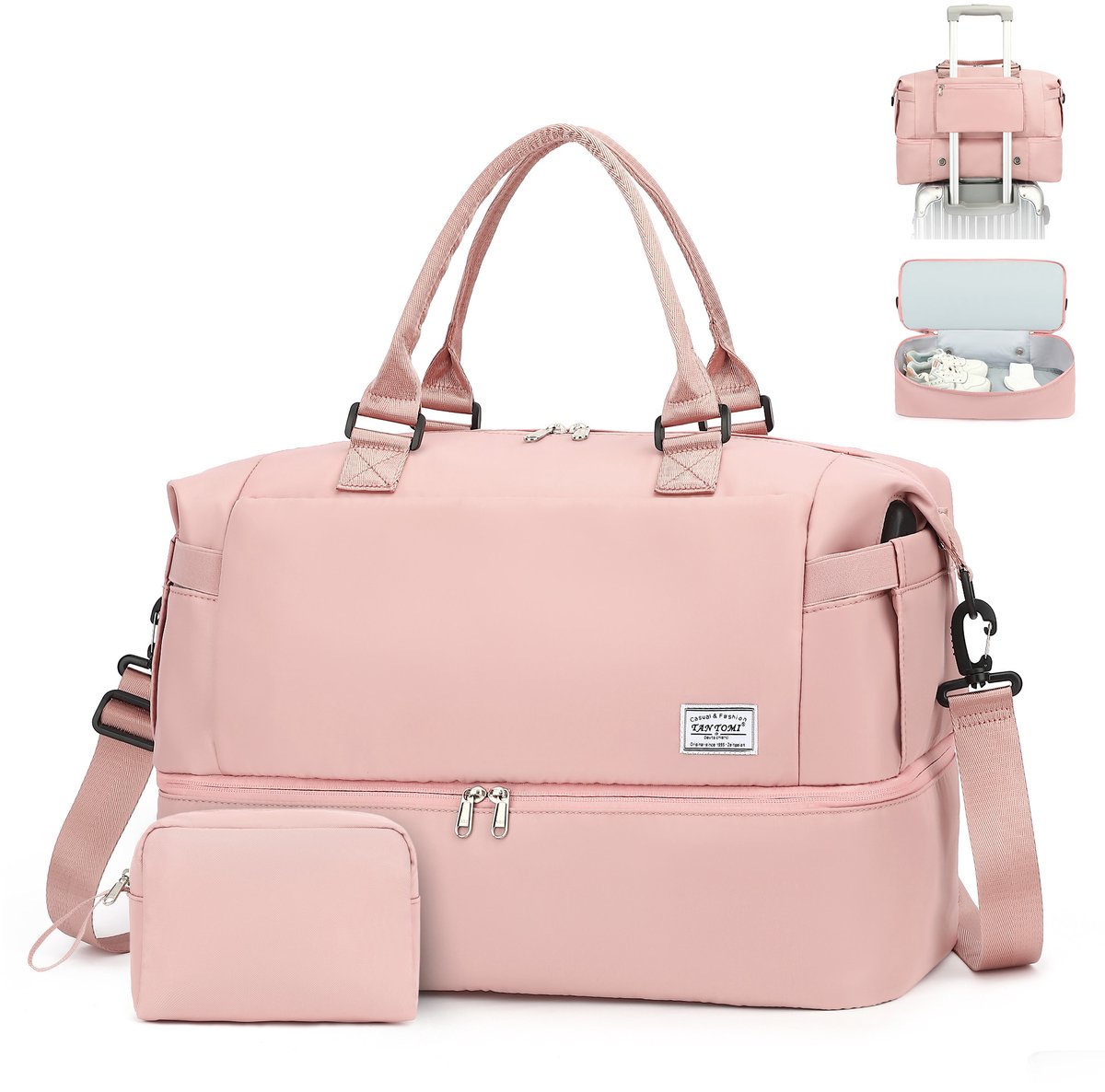TAN.TOMI Reistas - Sporttas voor dames en heren - 47×22×36 cm -Met Smart -Sleeve voor op een Koffer - Handbagage Tas - Met Schoenenvak en Afneembare Schouderband - Roze