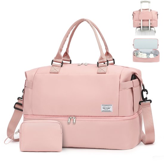 TAN.TOMI Reistas - Sporttas voor dames en heren - 47×22×36 cm -Met Smart -Sleeve voor op een Koffer - Handbagage Tas - Met Schoenenvak en Afneembare Schouderband - Roze