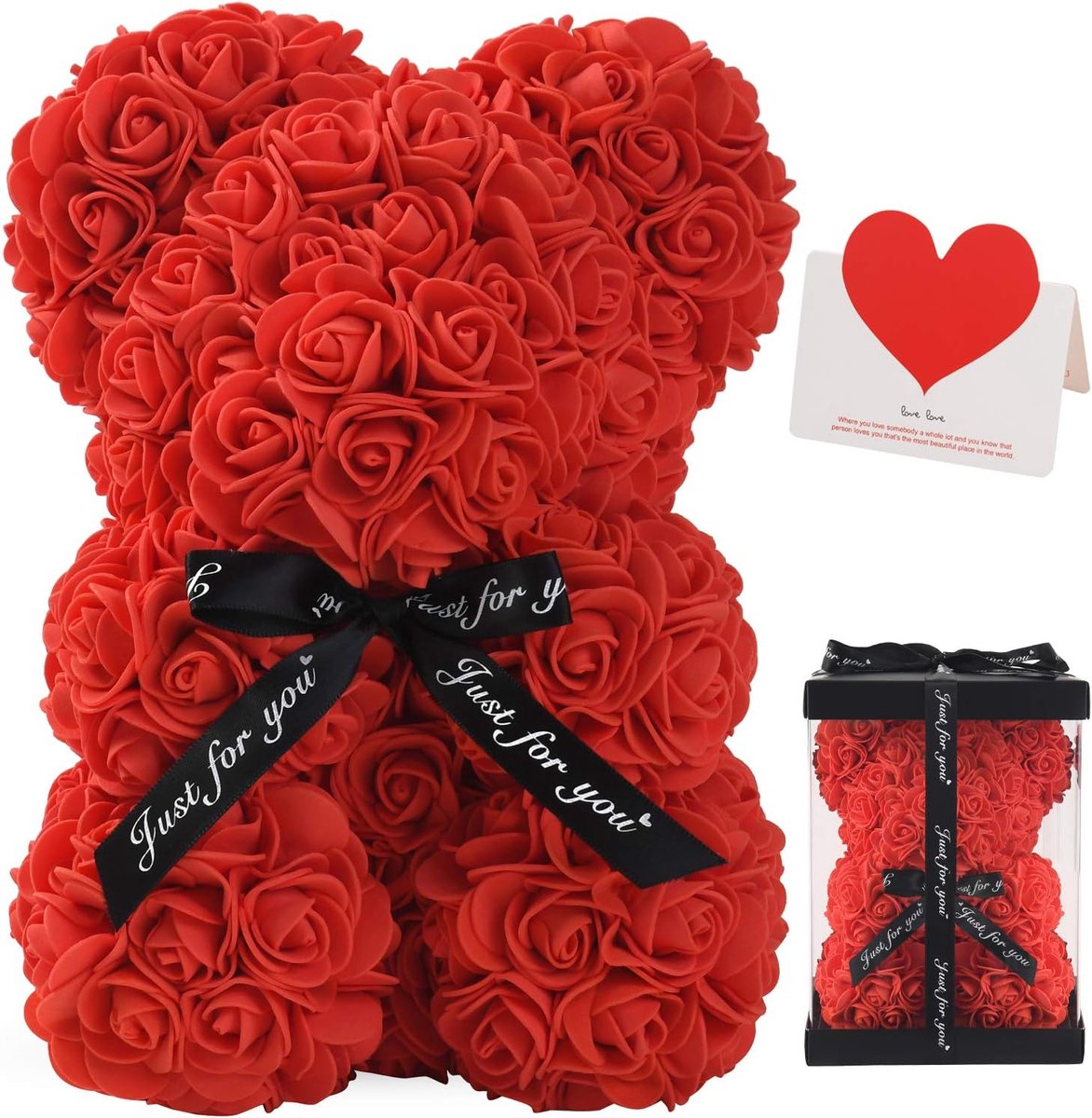 KZQ Rozenbeer - Een levensechte rozenbeer van 25 cm, perfect als huwelijks, Moederdag- of jubileumcadeau, inclusief een transparante geschenkdoos (rood).
