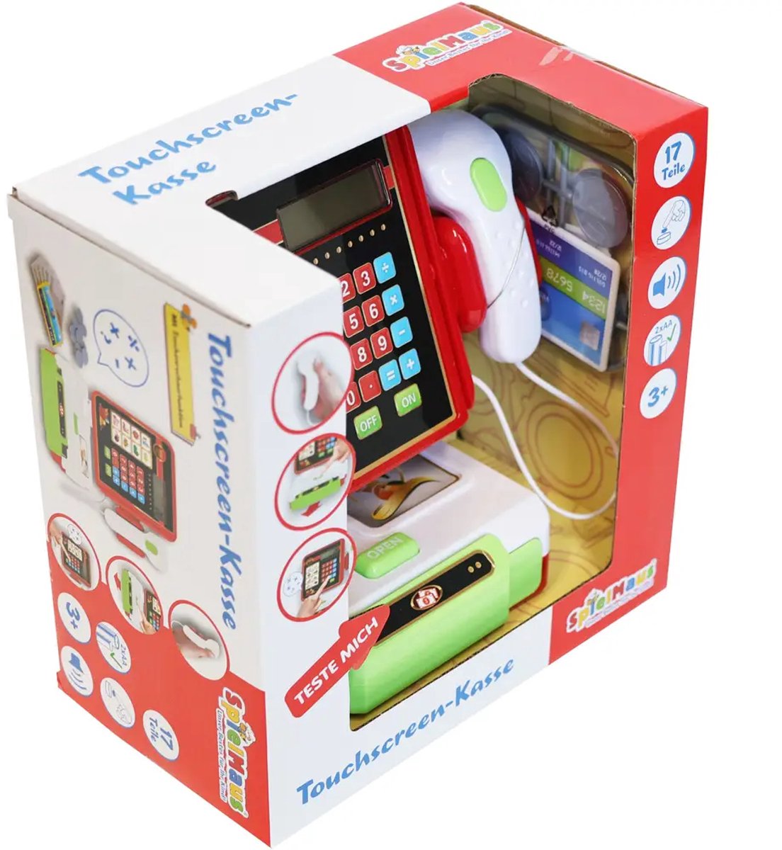 Vedes speelgoed kassa touchscreen met scanner en microfoon.
