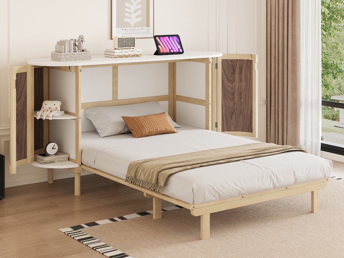 MODFU Bedframe 140x200 cm van hout, ruimtebesparend wandbed met rattan-deuren en opbergruimte