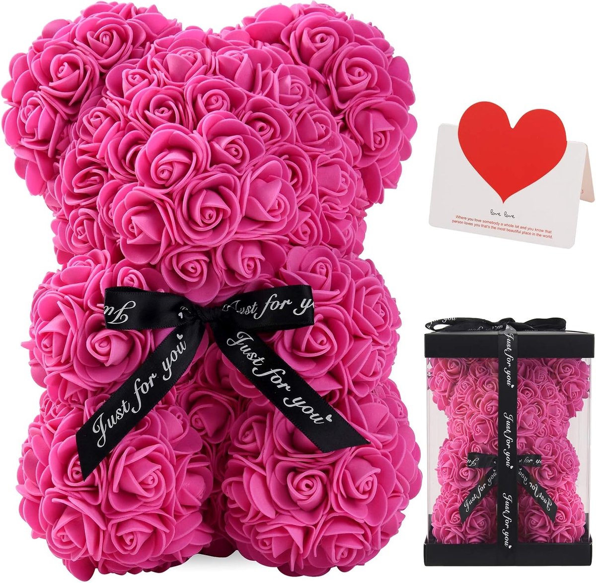 KZQ Rozenbeer - Een levensechte rozenbeer van 25 cm, het perfecte cadeau voor een bruiloft, Moederdag of jubileum, geleverd in een transparante geschenkdoos (roze). Roze rood