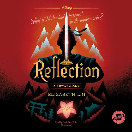 Boekomslag met Mulan in silhouet, zwaard omhoog, met de tekst "Reflection" en "Wat als Mulan naar de onderwereld moest reizen?"