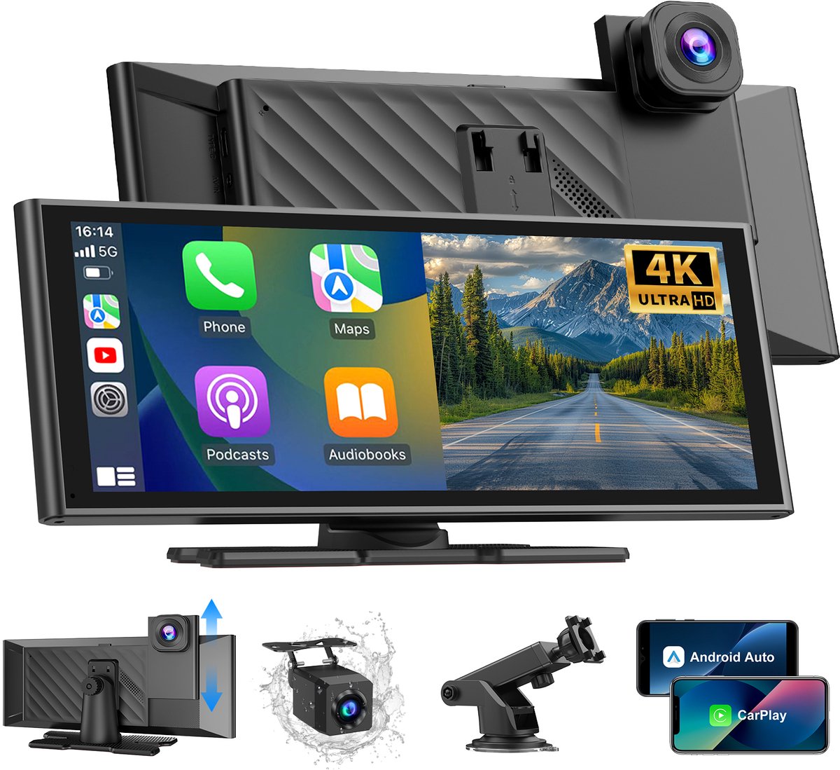 ESSGOO Geschikt voor CarPlay Scherm 10,26 Inch - CarPlay autoradio met 4K frontcamera - Dashcams met dubbel kanaal - Ultra HD Display - Nieuw 2026