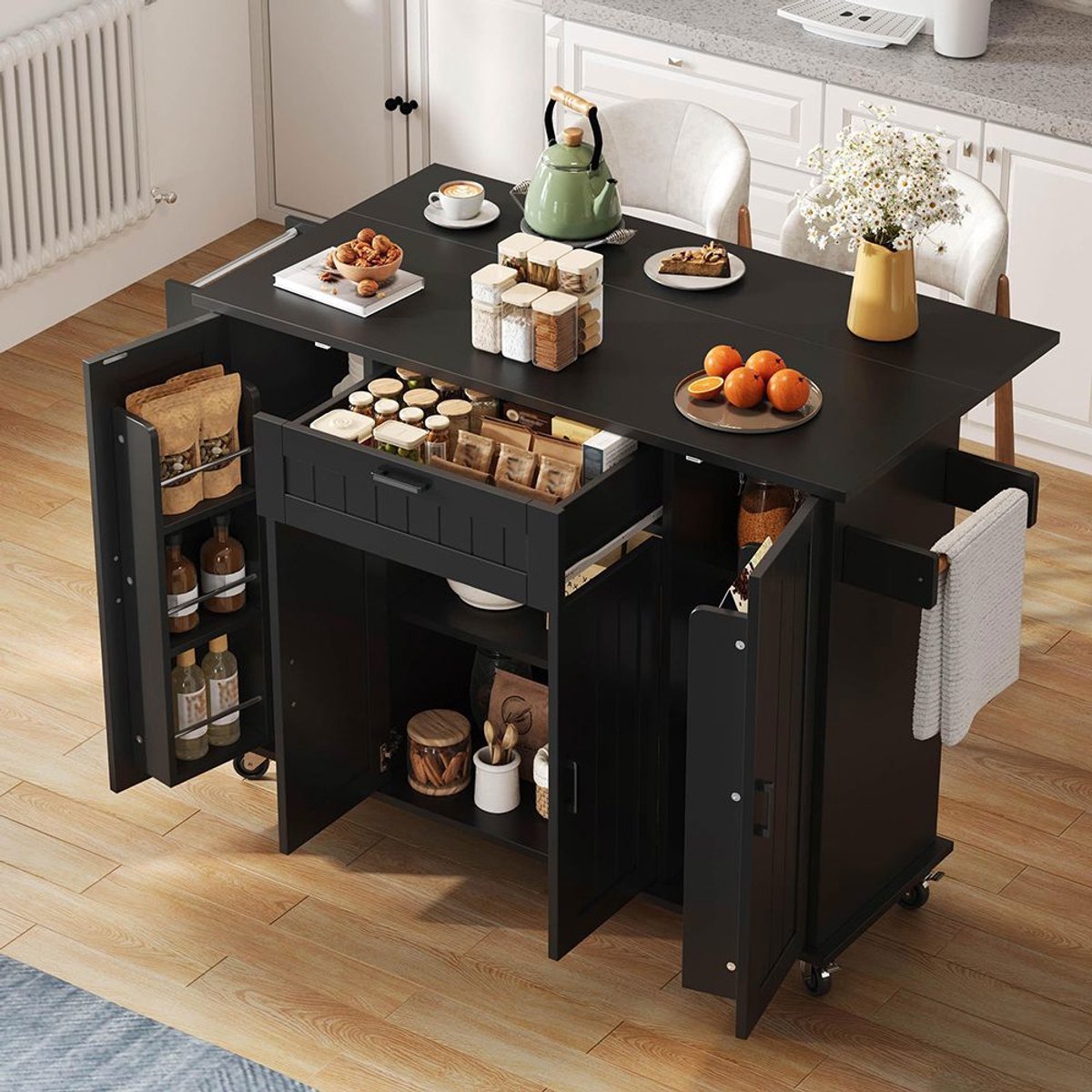 BLACKCOLORS - Keukeneiland - Met opklapbaar werkblad & wieltjes - 4 deuren + 1 lade - Geïntegreerde kruidenrekken - Zwart - 120×45(70)×95 cm