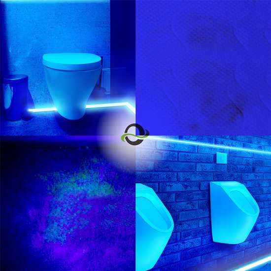 Collage van beelden in blauw licht: toilet, urinoir, bakstenen muur, vloer met vlekken, toiletpapier met vlekken.