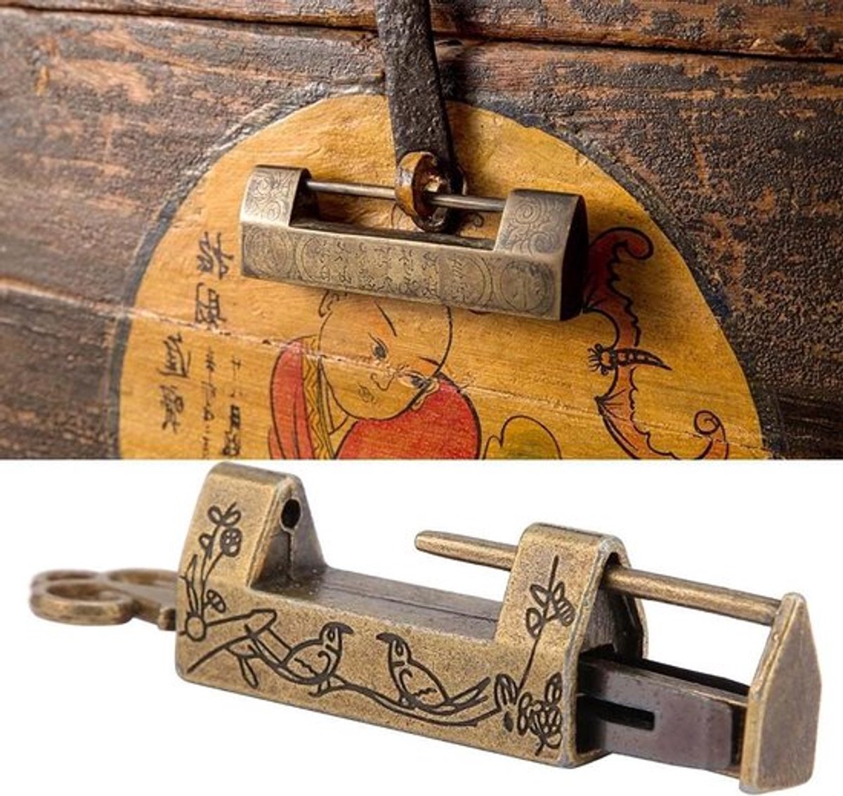 Vintage Chinees hangslot met bloemsleutel en sleutel - Decoratief slot voor sieradendoos of lade