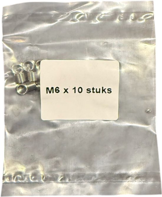 Doorzichtige plastic zak met 10 stuks M6 schroefdraad-inserts, met etiket.