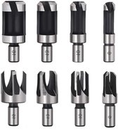 Set van 8 houtsnijders met maten 6mm, 10mm, 13mm en 16mm. Bovenste rij heeft schuine koppen, onderste rij heeft rechte koppen.