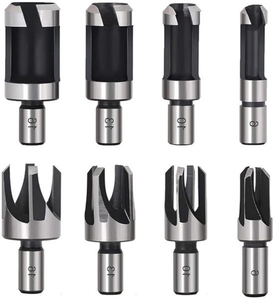 Set van 8 houtsnijders met maten 6mm, 10mm, 13mm en 16mm. Bovenste rij heeft schuine koppen, onderste rij heeft rechte koppen.