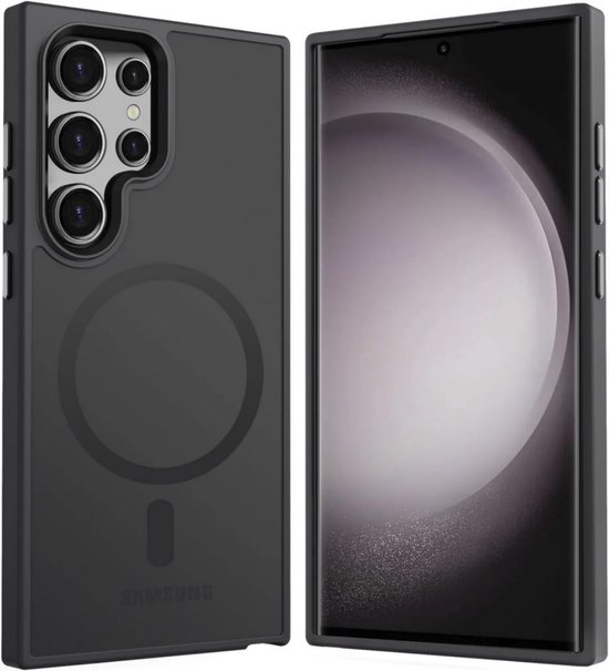 Coque de téléphone MagSafe noire pour Samsung, deux vues : dos avec caméra et cercle magnétique, avant avec écran.